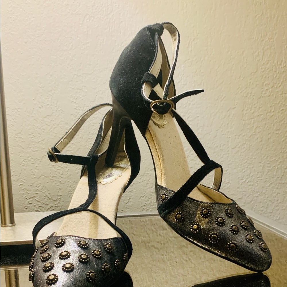 Joy Folie Black Studded T-Strap Heels with Ankle Buckle